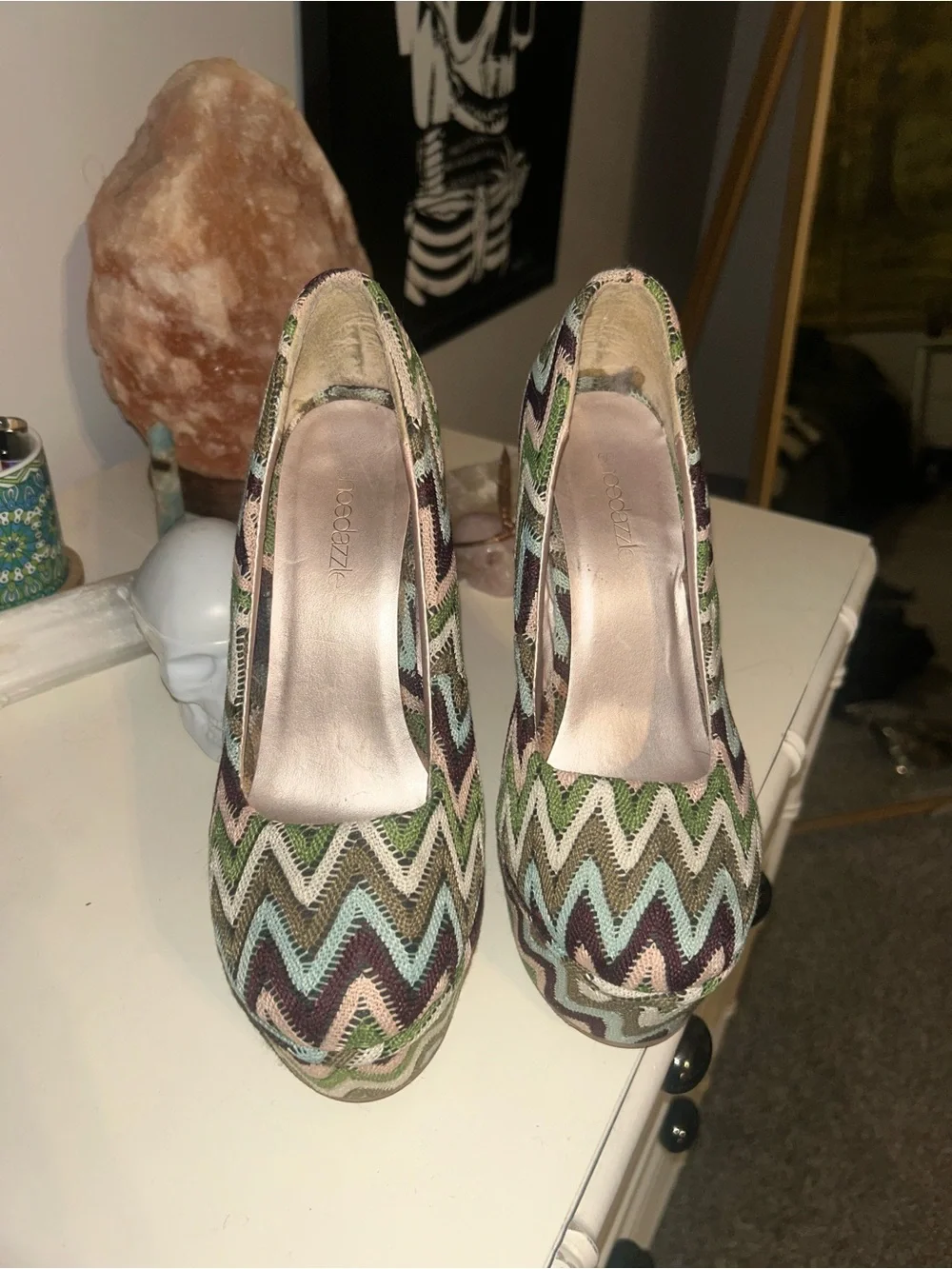 Woven Chevron Pattern Green Multi Platform Wedges